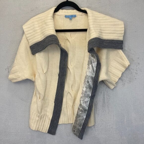 Antonio Melani Short Sleeve Cardigan Medium M Merino Wool Cream Cable Heavy Open - Picture 4 of 16